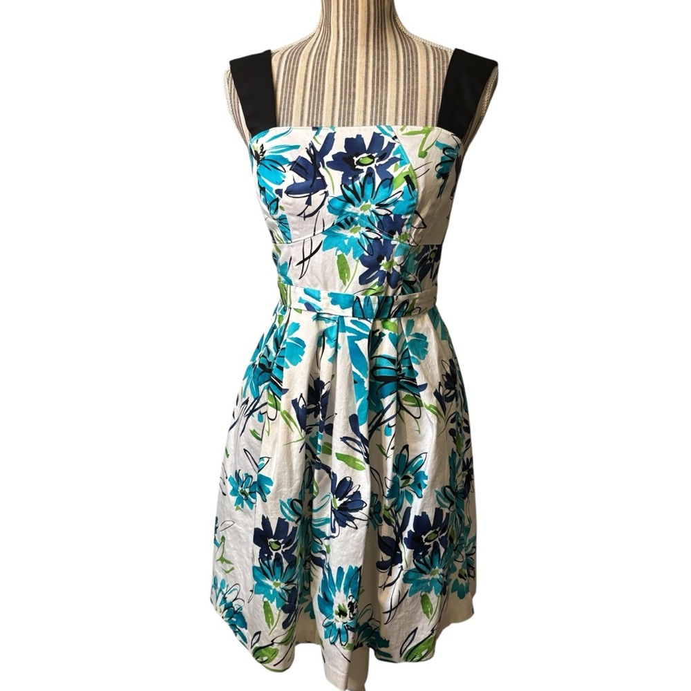 Perceptions Mini Dress Sz 6 White Fit-and-Flare Blue & Green Floral Black Straps